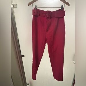 SHEIN Bold Red High-Waisted Belted Pants